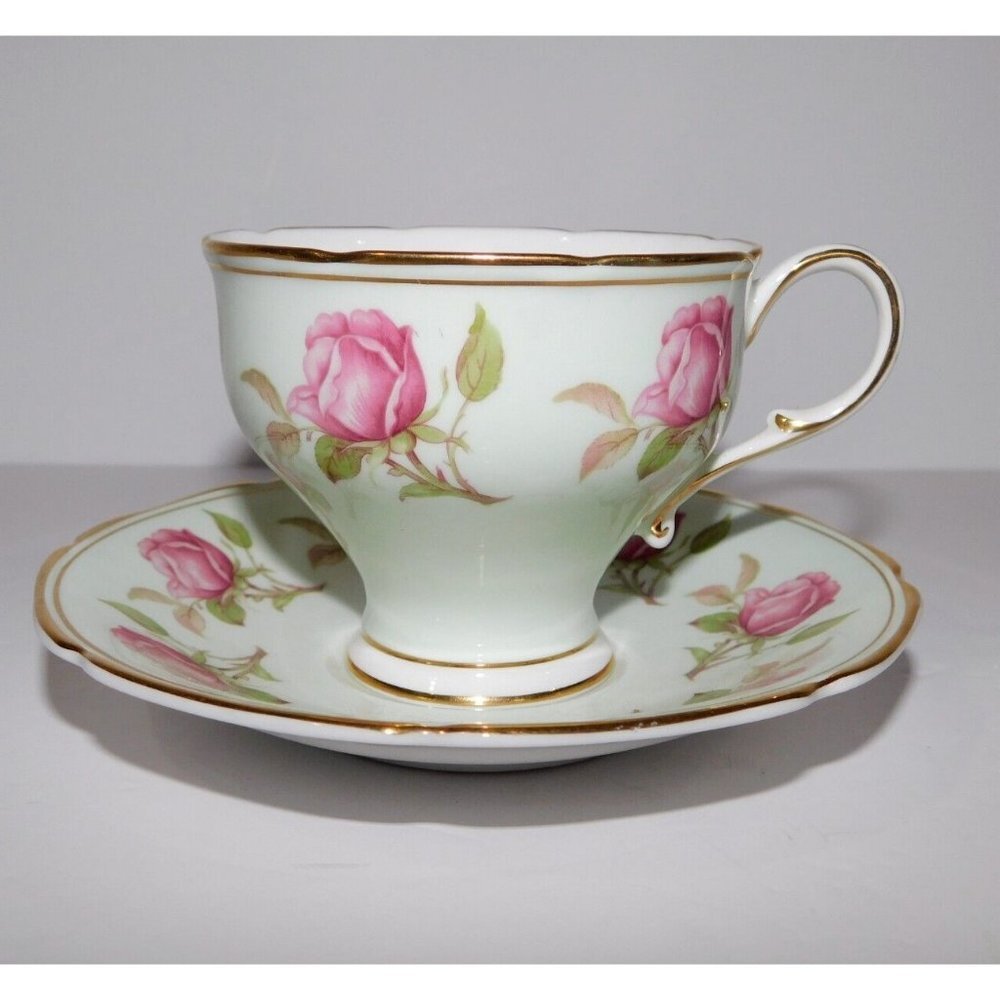 VTG Paragon TeaCup & Saucer Pastel Mint Green Cabbage Rose Gold Trim Pedestal - Picture 2 of 11